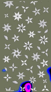 Raster Floral Illustration, Asyalı tekstil. Yeşil ve beyaz renkli etnik çiçeklerle zarif bir eskiz deseni.