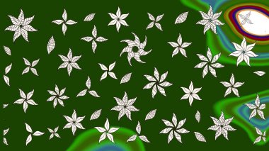 Raster illüstrasyonu. Yeşil ve nötr renklerde. Çiçek buketleriyle klasik tarzda eskiz deseni.