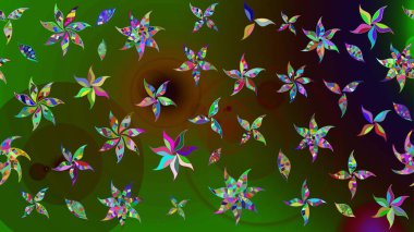 Renkli Bahar Teması eskiz kalıbı. Yeşil ve kahverengi renkli çiçekler. Asya tekstil tarzında. Çiçek desenli çizim. Düz Çiçek Elementleri Tasarımı. Raster illüstrasyonu.