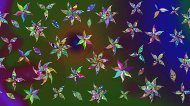 Eskiz arkaplan modeli. Yapraklı çiçekler ve yeşil ve mavi renkli papatya çiçekleri. Raster - stok.