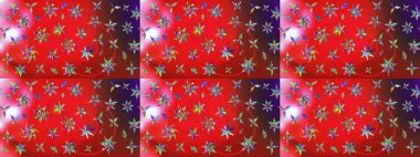 El yapımı çiçek ve bitki koleksiyonu. Raster illüstrasyonu. Robot resim tarzı kırmızı ve pembe renkler. Şirin karalamalı çiçek desenli çizim. Raster illüstrasyonu.