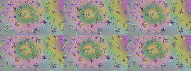 Rengarenk çiçekleri ve yaprakları tarafsız ve yeşil renklerde olan harika bir çiçek deseni. Modern çiçek arkaplanı. Moda baskıları için zarif bir şablon. Halk stili.