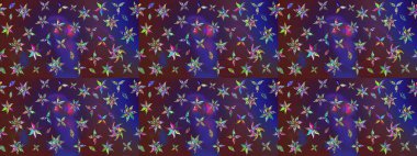 Menekşe rengi ve mor renkli şirin çiçekler. Moda baskısı, albüm, ambalaj kağıdı ve duvar kağıdı için zarif dekoratif süslemeler. Küçük çiçekli basit bir çiçek çizimi. Raster illüstrasyonu.