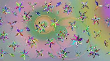 Tarafsız ve yeşil renklerde çiçekler. Asya tekstil tarzında. Renkli Bahar Teması eskiz kalıbı. Düz Çiçek Elementleri Tasarımı. Raster illüstrasyonu. Çiçek desenini çiz.