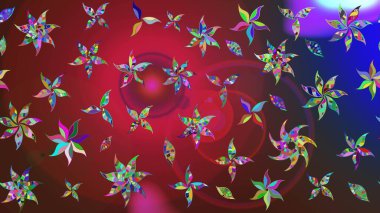 Çok renkli ve kahverengi zarif küçük çiçekler ve kırmızı ve kahverengi renkli komik böcekler, raster desen, illüstrasyon.