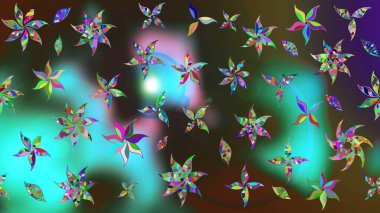 Yeşil ve mavi renkte çiçekler. Şirin çiçek elementleri. Robot resim. Raster illüstrasyonu.