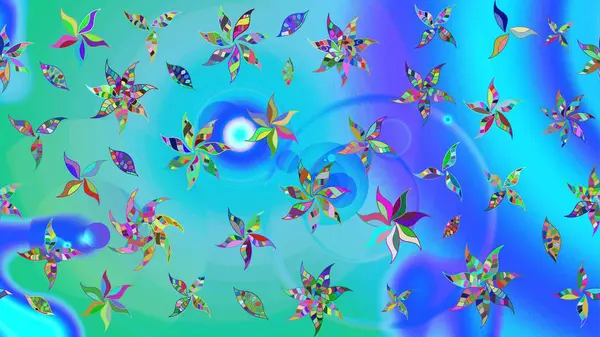 Renkli Bahar Teması eskiz kalıbı. Raster illüstrasyonu. Çiçekli çiçek deseni, suluboya. Mavi ve yeşil renkli çiçekler. Düz Çiçek Elementleri Tasarımı.