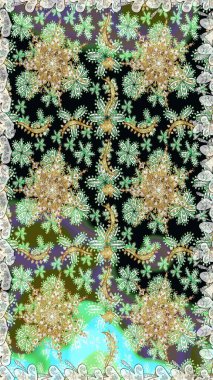 Kına dövmeli süs çiçekleri, altın çıkartmalar, mehndi ve yoga tasarımı, kartlar ve parmak izleri. Raster Golden Mehndi kusursuz desen. Tarafsız renklerde desen.