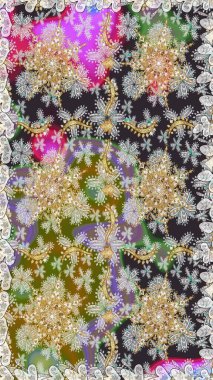 Parlak dantel, stilize çiçekler, şal desenli. Doğu tarzı arabesk. Hassas altın deseni açın. Kusursuz altın desenli bukleler. Raster. Gri renklerde, altın elementlerle kusursuz desen.