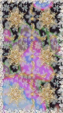 Barok tarzında altın çiçekli süs. Gri renklerdeki altın element. Doku arka planında altın duvar kâğıdı. Damask kusursuz yinelenen arkaplan.