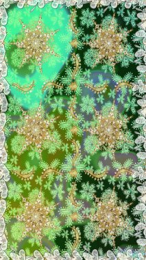 Geleneksel klasik altın desen. Altın elementlerle yeşil renklerde altın desen. Raster oryantal süs. Barok tarzında kusursuz bir doğulu süsü..