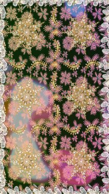 Kına dövmeli süs çiçekleri, altın çıkartmalar, mehndi ve yoga tasarımı, kartlar ve parmak izleri. Raster Golden Mehndi kusursuz desen. Gri renklerde desen.