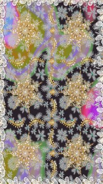 El yapımı dekoratif çerçeve, albüm kapağı, tebrik kartı, klasik Art deco tarzı. Raster soyut çiçek çelengi altın karalama fantezi yaprakları ve gri renkli çiçekler.