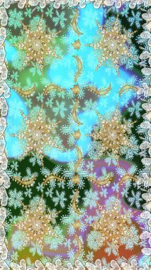 Raster soyut çiçek çelengi altın karalama fantezi yaprakları ve tarafsız renklerde çiçek. El yapımı dekoratif çerçeve, albüm kapağı, tebrik kartı, klasik Art deco tarzı.