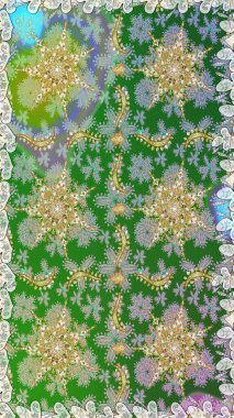 Klasik çiçek dokusu. Kart, duvar kağıdı, ambalaj ve tekstil için klasik tasarım. Kusursuz desenli altın elementler. Yeşil renkte Royal retro. Altın şablon. Raster illüstrasyonu.