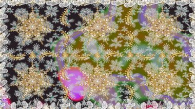 Gri renklerdeki altın element. Davetiyeler, kartlar, web sayfası için Raster illüstrasyon. Altın desenli çiçek dekoru. Doğu tarzı element. Çizgi sanatı tasarım şablonu için sınırsız sınır.