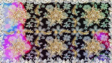 Kusursuz desenli oryantal süs. Çiçek kiremitleri. İslam tasarımı. Gri renkli ve altın elementli altın desenli. Raster altın tekstil baskısı.