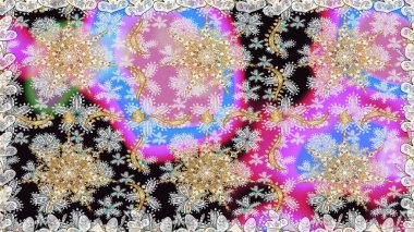 Tarafsız renklerde desen. Kına dövmeli süs çiçekleri, altın çıkartmalar, mehndi ve yoga tasarımı, kartlar ve parmak izleri. Raster altın mehndi kusursuz desen.