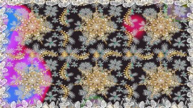 Gri renkli Royal retro. Raster illüstrasyonu. Altın şablon. Kart, duvar kağıdı, ambalaj ve tekstil için klasik tasarım. Kusursuz desenli altın elementler. Çiçeksel klasik doku.