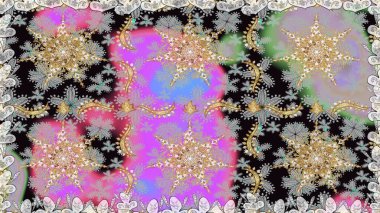 Dekoratif simetri arabesk. Gri renklerde altın. Doğum günü kartı, davetiye ya da afiş için iyidir. Kusursuz ortaçağ çiçek deseni. Raster illüstrasyonu.