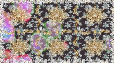 Çiçekli süslemeli, pürüzsüz bir desen. Süslü dantel iz sürücü. Gri renkli geleneksel Arapça dekor. Doğu tarzında klasik tasarım öğesi. Duvar kağıdı için altın süslü illüstrasyon.