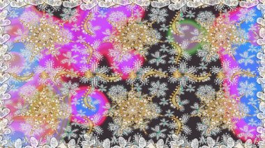 Gri renkli ve altın elementli altın desenli. İslam tasarımı. Raster altın tekstil baskısı. Kusursuz desenli oryantal süs. Çiçek karoları.