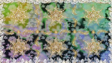 El yapımı dekoratif çerçeve, albüm kapağı, tebrik kartı, klasik Art deco tarzı. Raster soyut çiçek çelengi altın karalama fantezi yaprakları ve gri renkli çiçekler.