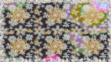 Geleneksel raster ve altın desen. Klasik oryantal desen gri renklerden üstündür. Damask pürüzsüz süsü.