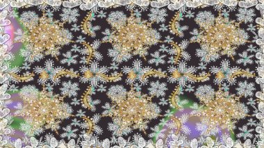 Raster illüstrasyonu. Kusursuz altın desenli bukleler. Doğu tarzı arabesk. Altın elementli gri renkler. Raster altın desen.