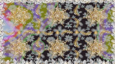 Kusursuz altın desen. Raster altın çiçek süsü brokar kumaş ve cam desenli. Altın elementli gri renkler. Çiçek desenli altın metal..