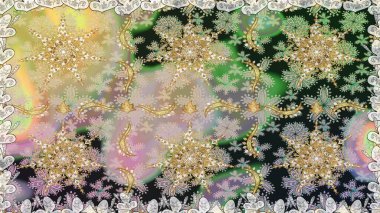 Tarafsız renklerde altın rengi ve altın elementler üzerinde altın pürüzsüz desen. Kusursuz damaske klasik altın desen. Raster illüstrasyonu. Tekrarlayan ögelerle soyut arkaplan Raster.