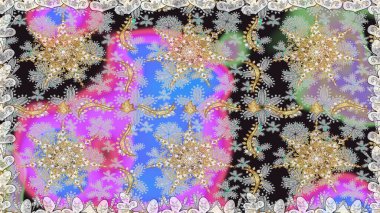 Parlak dantel, stilize çiçekler, şal desenli. Raster. Hassas altın deseni açın. Gri renklerde, altın elementlerle kusursuz desen. Doğu tarzı arabesk. Kusursuz altın dokular bukleler.