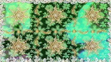 Düz elle çizilmiş klasik koleksiyon. Raster altın pürüzsüz desen. Arkaplan, kumaş, altın duvar kağıdı. Altın elementlerle yeşil renklerde altın desen.