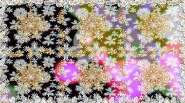 Tarafsız renkler üzerine geleneksel Arapça dekor. Çiçekli süslemeli, pürüzsüz bir desen. Doğu tarzında klasik tasarım öğesi. Süslü dantel iz sürücü. Duvar kağıdı için altın süslü illüstrasyon.