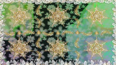 Doğu tarzında klasik tasarım öğesi. Çiçekli süslemeli, pürüzsüz bir desen. Gri renkli geleneksel Arapça dekor. Duvar kâğıdı için altın süslü bir illüstrasyon. Süslü dantel iz sürücü.