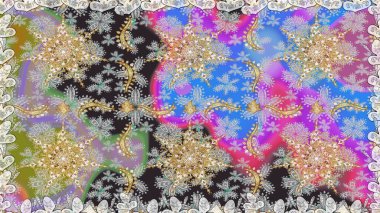 Altın şablon. Kusursuz desenli altın elementler. Gri renkli Royal retro. Kart, duvar kağıdı, ambalaj ve tekstil için klasik tasarım. Raster illüstrasyonu. Çiçeksel klasik doku.