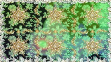 Raster geleneksel oryantasyon süsü. Kusursuz klasik altın desen. Altın elementlerle yeşil renklerde altın desen.