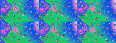 Şatafatlı bahar bahçesi dokusu. Çiçek deseni. Mavi ve yeşil renkli çiçekler. Raster illüstrasyonu. Mavi ve yeşil renkte çiçek çizimi.