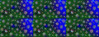 Yeşil ve mavi arka planda. Tekstil, kumaş, ambalaj, hatıra defteri için hoş bir çiçek arkaplanı. Çocuksu tasarım. Elle çizilmiş karalama çiçekleri ile Raster çizim deseni.