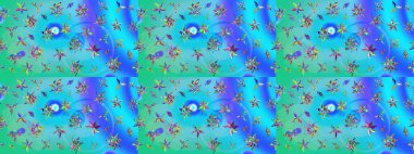 Suluboya çiçekli çiçek deseni. Mavi ve yeşil renklerde güzel bir tekstil. Raster illüstrasyonu.