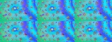 Suluboya çiçekli çiçek deseni. Mavi ve yeşil renklerde güzel bir tekstil. Raster illüstrasyonu.