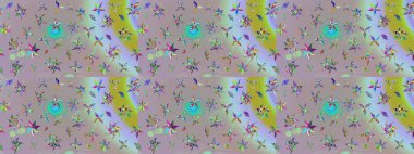 Suluboya elle çizilmiş çiçek desenli eskiz deseni. Parlak renkli fantezi çiçekleri, yapraklar, tarafsız ve gri renklerde tomurcuklar, nötr ve gri.