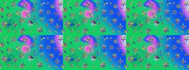 Hediye ambalaj kağıdı, tebrik kartları, posterler ve pankart tasarımı. Yeşil ve mavi renkte çiçekler. Raster düz çiçek çizim deseni.