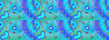 Mavi ve yeşil renkli çiçekler. Renkli Yaz Temalı eskiz kalıbı. Düz Çiçek Elementleri Tasarımı. Sevimli çiçek raster deseni.