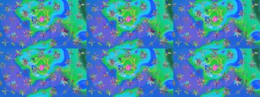 Raster illüstrasyonu. Robot resim tarzı mavi ve yeşil renkler. El yapımı çiçek ve bitki koleksiyonu. Şirin karalamalı çiçek desenli çizim. Raster illüstrasyonu.