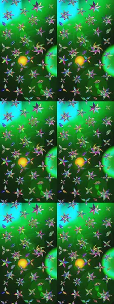 Yeşil ve mavi renklere karalamalar çizilmiş çiçek deseni. Raster illüstrasyonu.