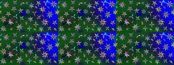 Yeşil ve mavi arka planda. Tekstil, kumaş, ambalaj, hatıra defteri için hoş bir çiçek arkaplanı. Çocuksu tasarım. Elle çizilmiş karalama çiçekleri ile Raster çizim deseni.