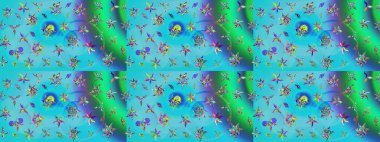 Vadinin çiçekleri mavi ve yeşil renklerde. Suluboya, elle çizilmiş. Raster - stok. Taslak arkaplan deseni.