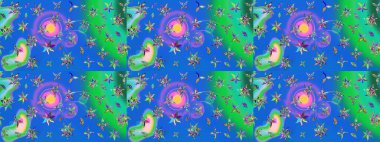 Çiçeksel elementlerle süslenmiş zarif raster dokusu. Küçük çiçekte hoş bir çiçek deseni var. Parlak çiçekli mavi ve yeşil renkler üzerine soyut çizim deseni.