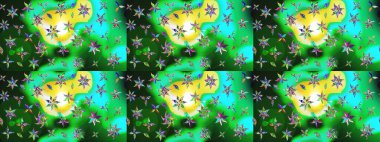 Yeşil ve mavi renkte çiçekler. Elle boyanmış suluboya resim çizimi çiçekler ve bitkiler.